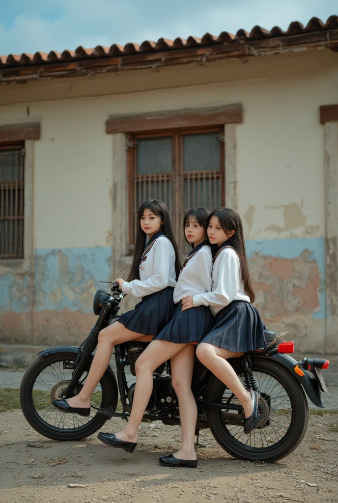 Four 19-year-old female students wore very short skirt school uniforms, sitting together on the same motorcycle. Each student had different facial features and physical characteristics. One had a round face with short hair, the other had an oval face and long hair, while the other two had straight long hair, one had a slender figure. And the other one has a fuller shape. They sit closely.: , one steering wheel at the front, two squeezing in the middle, and the last stabilized at the back, holding the seat to support it. This motorcycle looks dense, emphasizing a carefree adolescence. Behind it is a weathered old building. About the charm and The history of the small countryside. Soft, warm lighting enhances the details of uniforms, motorcycles and a variety of looks, creating a thought-provoking scene of wearing Mary Jane shoes. ( Mary-Jane ) ( wide-angle image makes detail clear )(Realistic images)(Awarded Photography ) (16k resolution image )