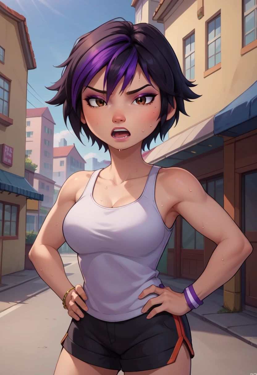 score_9, score_8_up, score_7_up, BREAK,gogotomago, 1girl, solo, short hair, black hair, jewelry, lo purple hair, bracelet, makeup, casual, cowboy shot, brown eyes, looking at the viewer, large breasts,outdoors,city, hands on hips, white tanktop, sweaty, black shorts, extausted, open mouth