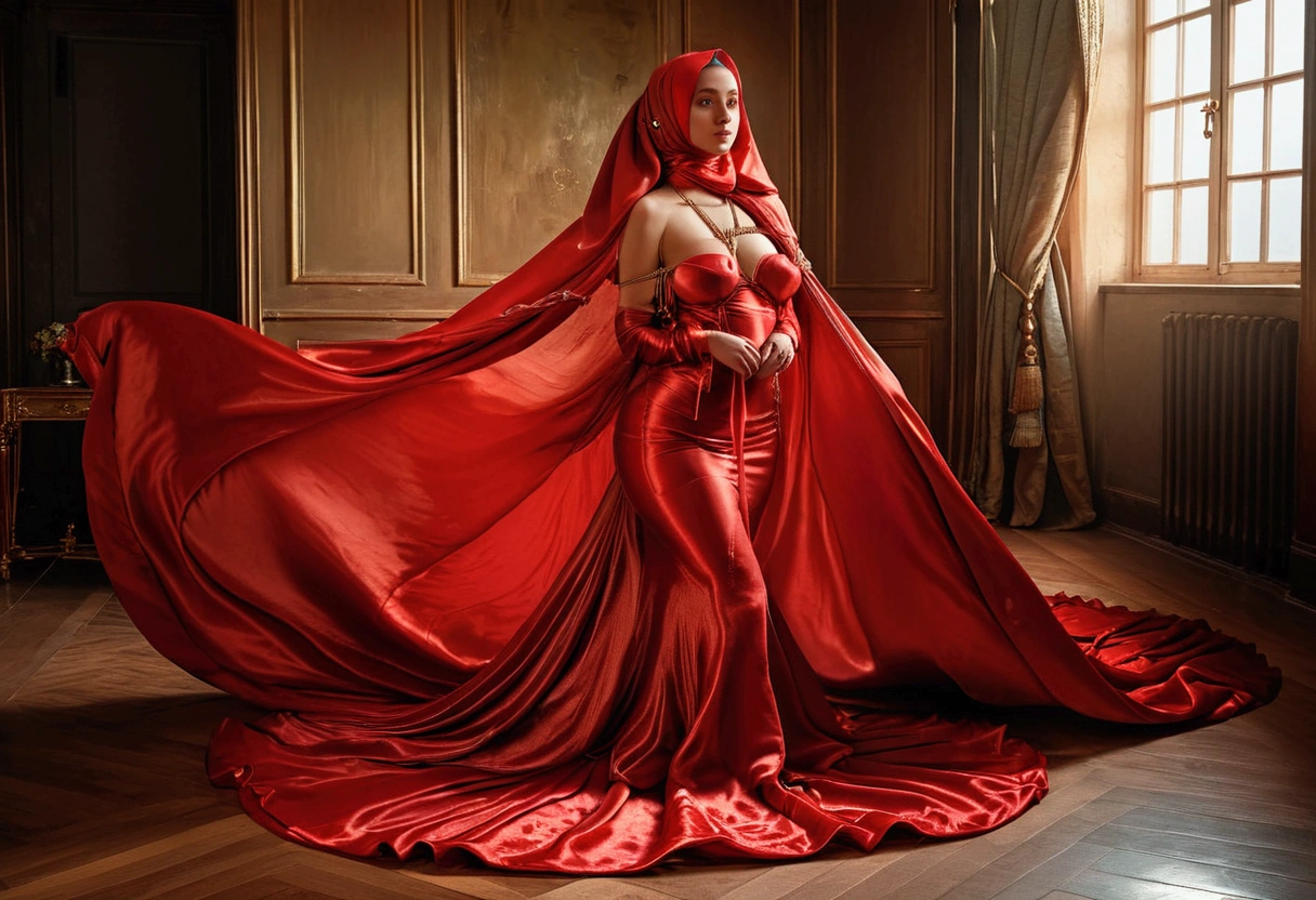 a woman in the translucent red gown, tight full body tied, satin sheet on flor, nipple on with nipple piercing, satin hijab, full body, long satin,mermaid tight long gown, flowy dramatic long gown, tall women, prone position, wear high heels, masterpice.