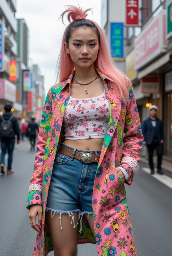 color film photograph, young woman, atomic punk, city street, makeup, pink lipstick <lora:80s Japan 2:0.5>