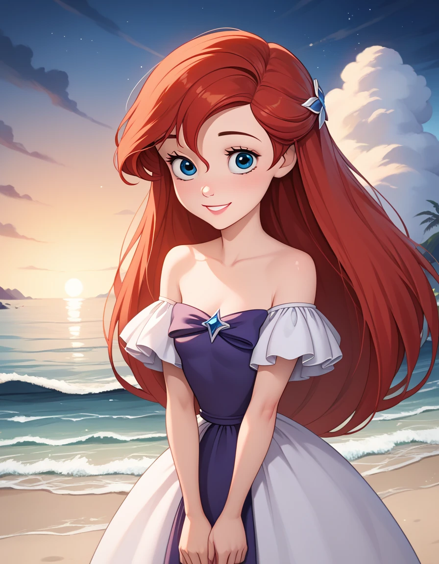 score_9, score_8_up, score_7_up, DisneyAriel, 1girl, red hair, blue eyes, long hair, looking at viewer, on a white strapless off the shoulders ruffle maxi dress, standing on the beach, waves gently lapping at the shore, vibrant night with blue and purple hues, relaxed and contemplative atmosphere, upper body, smile