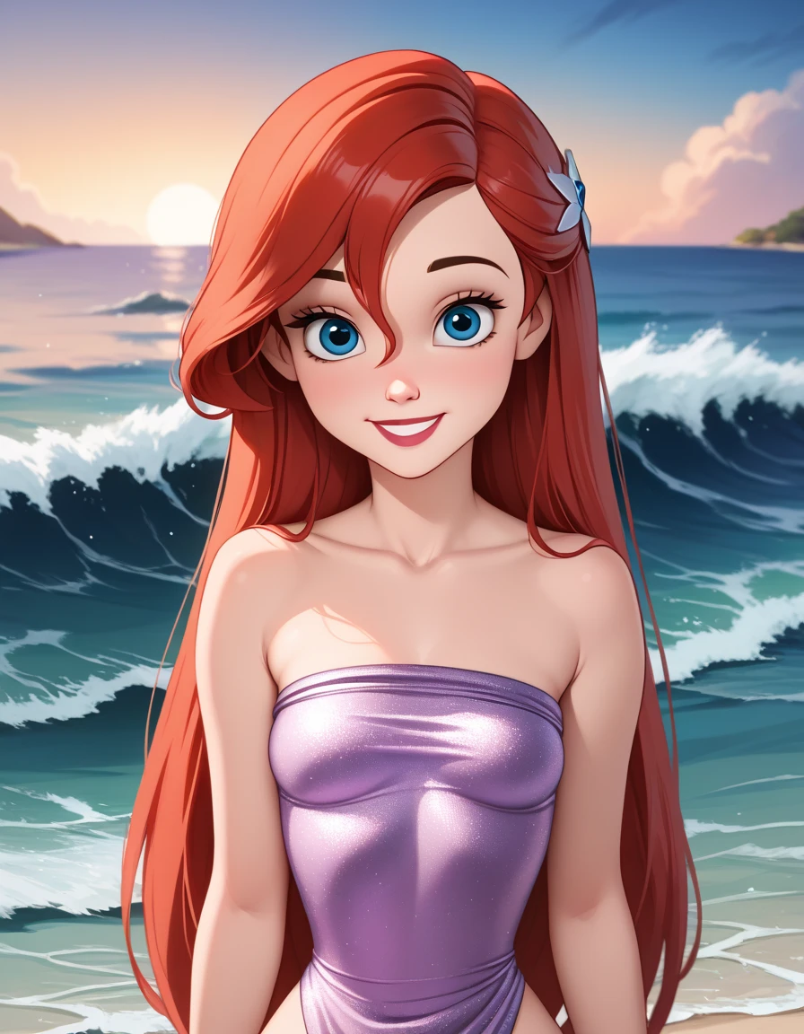 score_9, score_8_up, score_7_up, DisneyAriel, 1girl, red hair, blue eyes, long hair, looking at viewer, on a white strapless off the shoulders ruffle maxi dress, standing on the beach, waves gently lapping at the shore, vibrant night with blue and purple hues, relaxed and contemplative atmosphere, upper body, smile