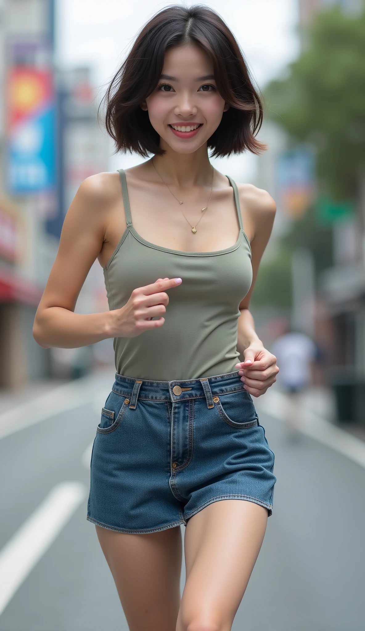 Beautiful 18-year-old Japanese girl ((( runs towards the camera and comes close:1.8))) The perfect camisole for a smile stylish miniskirt high definition , accurate, Anatomically Correct, masterpiece, best quality, very detailed, Ultra High Definition, Shinjuku in Tokyo 1 girl , idol face Very large breasts stylish short hair