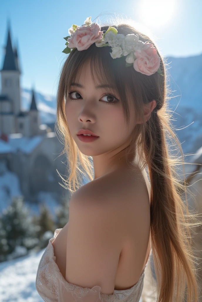 
A castle surrounded by mountains, snow falling, and sunlight shining brightly. There is a beautiful princess. She dresses very sexy. There is a crown on the head. She shows off her body. Looking into the camera with a cold expression