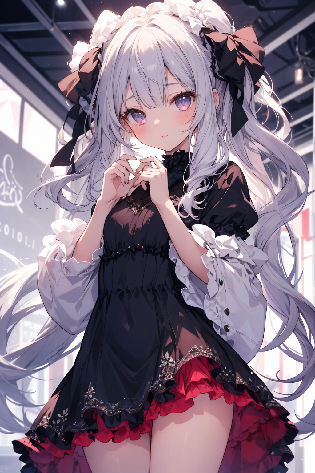 masterpiece, best quality, 1girl, illustration, <lora:shanoav4-04:1>, shanoa_black, long hair, black bow, black ribbon, hairclip, black dress, off-shoulder, single thighhigh, off-shoulder dress, bare shoulders, detached collar, wrist cuffs, cat ears, cat tail, bare shoulders, purple eyes, detailed eyes, indoor