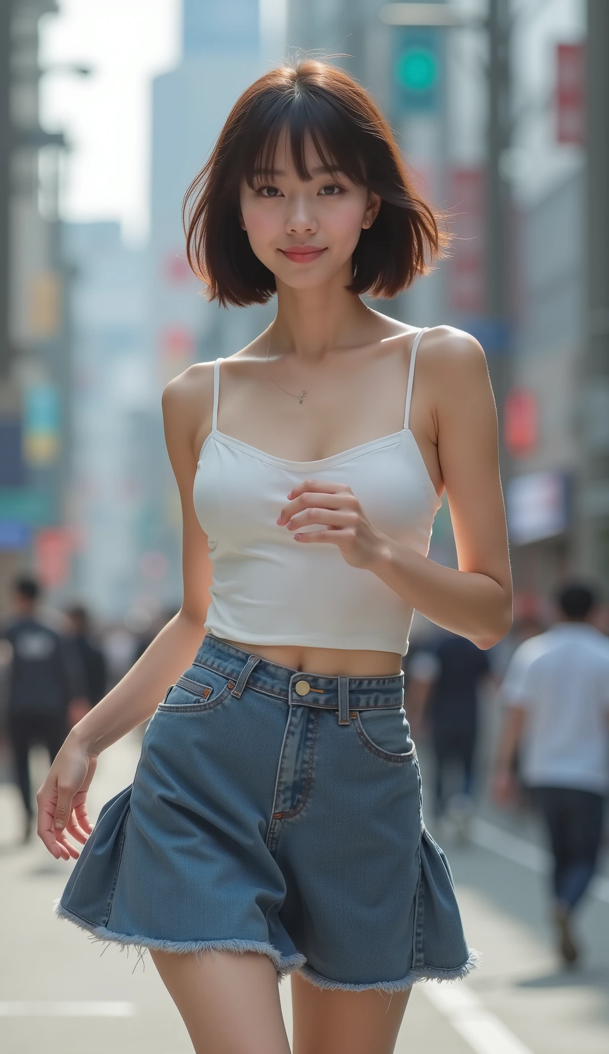 Capture the simplicity of a casual park stroll with the Malay girl wearing comfortable yet chic park attire, short white pixie haircut, wide hips, small abs, thick thighs, small waist, medium breast, with a focus on her petite body and the natural beauty of the park surroundings