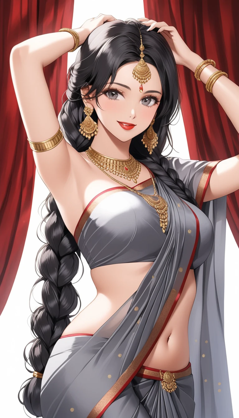 ((1woman, mature,single hair braid,silk grey saree, big long  jhumka earrings , detailed alluring eyes, smooth detailed lips, beautiful face, smiling ,red lipstick ,navel,bangles,blue ribbon,hands over head ,big saggy medium breasts, 