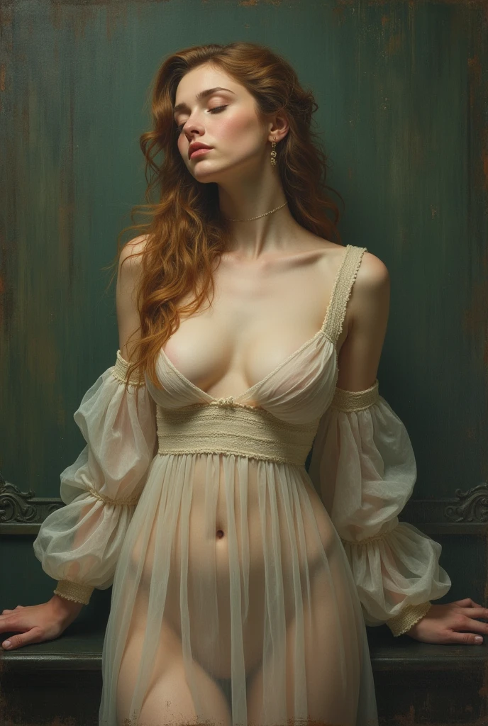 Photorealistic full-length portrait of an adult girl with dark red hair, sexy, nude, She is wearing a transparent cloak and a white choker around her neck, on the head is a silver diadem, with space elements, in the background something rusty brown metal dirty prison cell