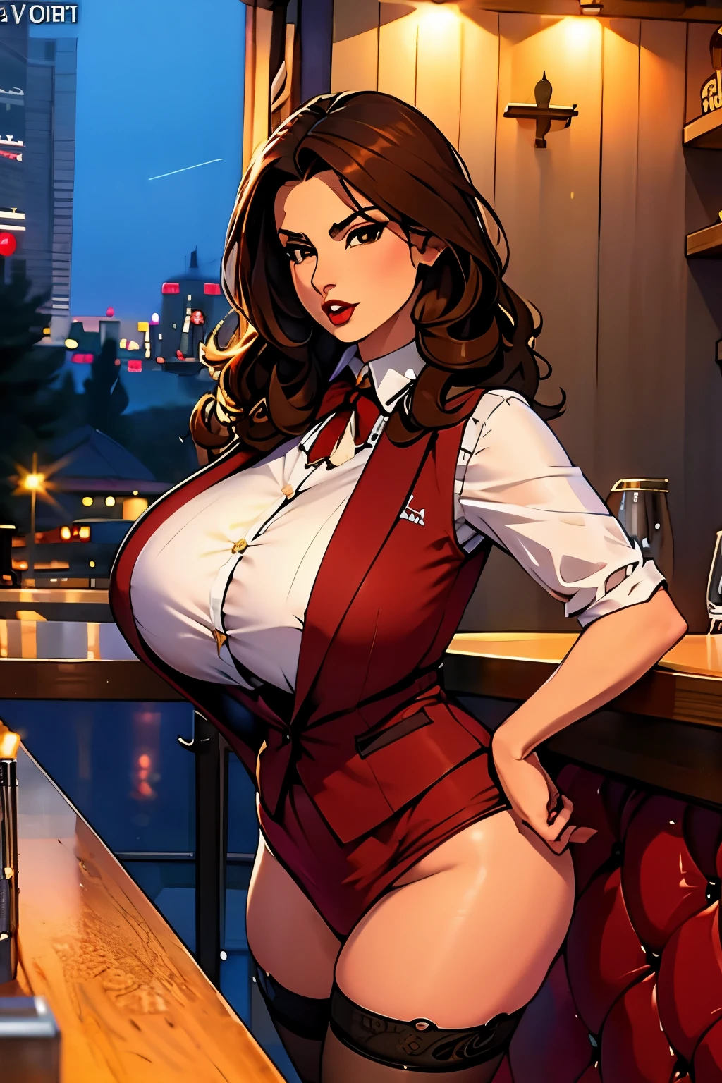 The woman, shirt, shirt, shirt con vest, shirt with velt, vest, vest, pants, heels, heels altos, club, Hostess, japenese Hostess club,  very detailed,  Realistic long-term photography, 4k, broad,long hair,  long hair, Brown hair, For the chestnut, brown hair.  red lips, sexy, red lips,  brown eyes , brown eyes, Big breast, breasts,  big breasts , breasts, Waitress, Waitress, in the bar, behind the bar,  at night, night, at night, stockings, socks, Black stockings, socks negras, Lucia Auditore))) 