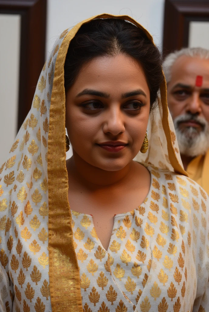 An mature indian Muslim woman wearing bikini and hijab sitting on lap of an old hindu pandit

