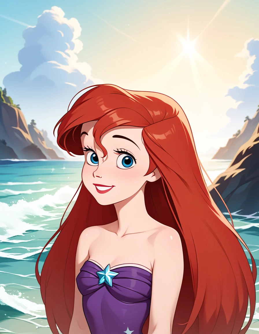 score_9, score_8_up, score_7_up, DisneyAriel, 1girl, red hair, blue eyes, long hair, looking at viewer, on a white strapless off the shoulders ruffle maxi dress, standing on the beach, waves gently lapping at the shore, vibrant night skies with blue and purple hues with sparkling stars, relaxed and contemplative atmosphere, upper body, smile
