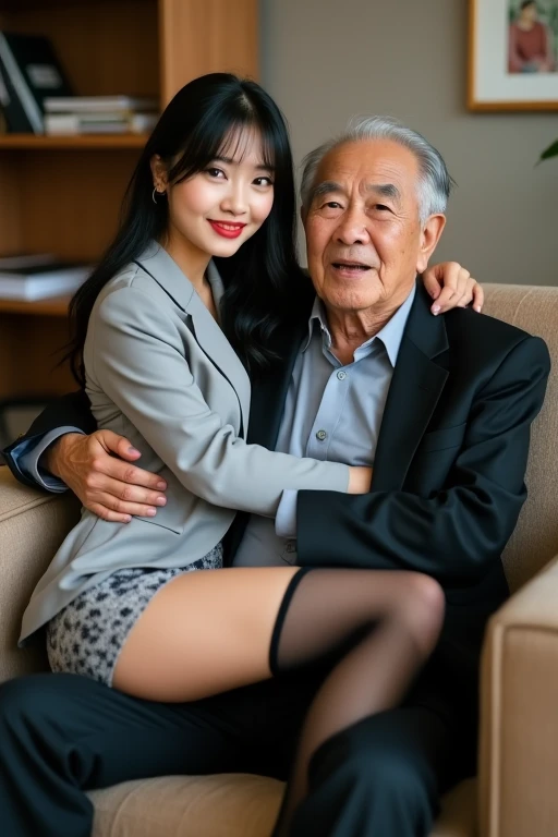 70 years old korean ugly man and 20 years old american white girl couple, big breasts, (1American girl、wavy and voluminous hair, strikingly beautiful, blonde hair, expressive eyes, red lips), (girl wear wearing blue and white pencil skirt, plaid pencil skirt, white shirt, blue and white plaid bow, eyes hook the soul seduces you), (70 years old korean man business suit), in the dark karaoke, girl sitting on the sofa and laughing, (((young girl hugging 70 years old korean man))), (((focus on old man))),