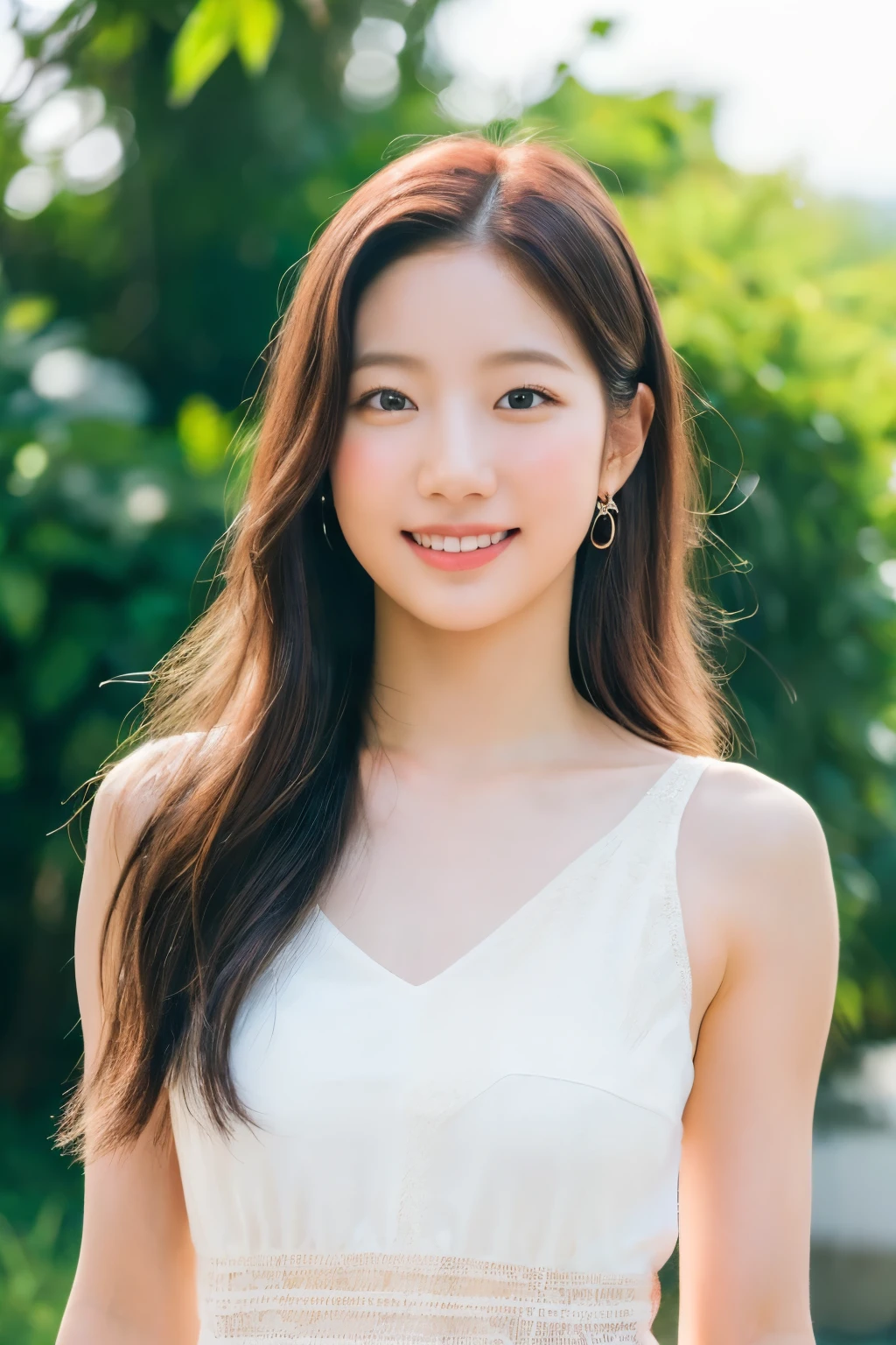 1girl, happy, smiling, ((white dress:1.2)), RAW photo, (photorealistic:1.37, realistic), highly detailed CG unified 8K wallpapers, looking at viewer, (((straight from front))), (HQ skin:1.8, shiny skin), 8k uhd, dslr, soft lighting, high quality, film grain, Fujifilm XT3, ((upper body:1.6)), (professional lighting:1.6)