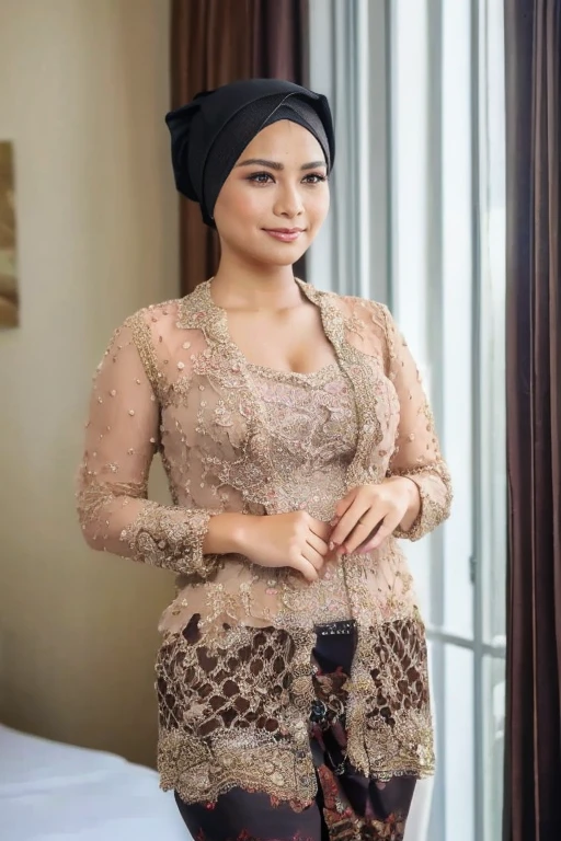 amazing quality, elegant, perfect, hyper realistic, masterpiece ,Create a photorealistic masterpiece of a beautiful woman with india headscarf wearing traditional Indonesian kebaya attire ((detail)), solo, firm medium breast, cleavage cutout, Set her against a dark, bedroom backdrop with a captivating glow in the background and bokeh effect. Ensure the image quality is 8K with ultra-realistic details.,kebaya,kebaya indonesia