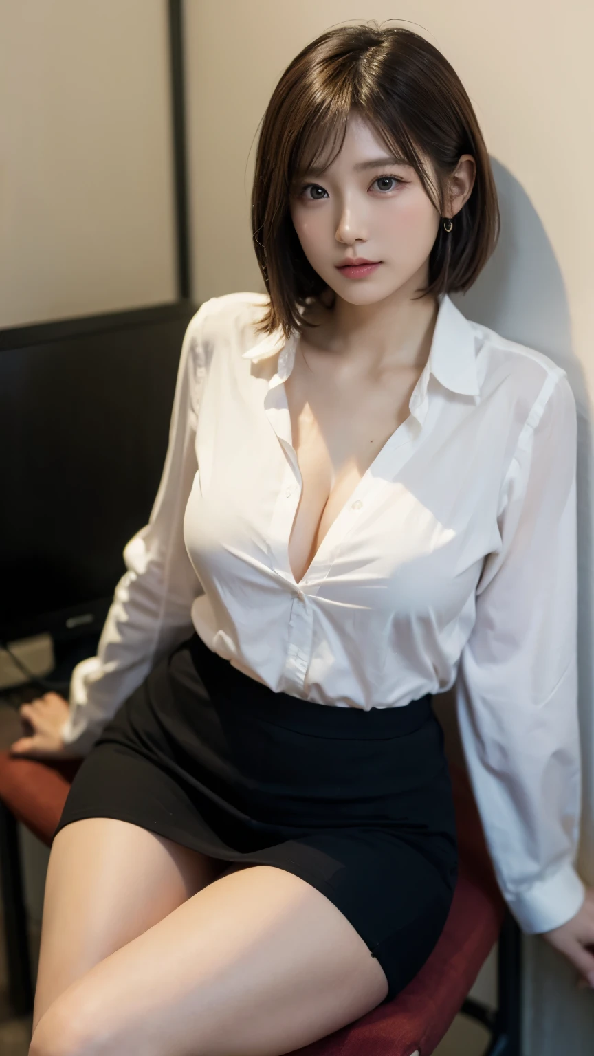 1 girl, Masterpiece , bright , Sitting on a chair, office, Y shirt, officeスカート, Thin legs, Short hair braided, big thighs, Big Breasts, beautiful face,