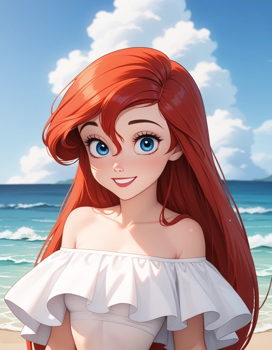 score_9, score_8_up, score_7_up, DisneyAriel, 1girl, red hair, blue eyes, long hair, looking at viewer, on a white strapless off the shoulders ruffle maxi dress, standing on the beach, waves gently lapping at the shore, vibrant night skies with blue and purple hues with sparkling stars, relaxed and contemplative atmosphere, upper body, smile
