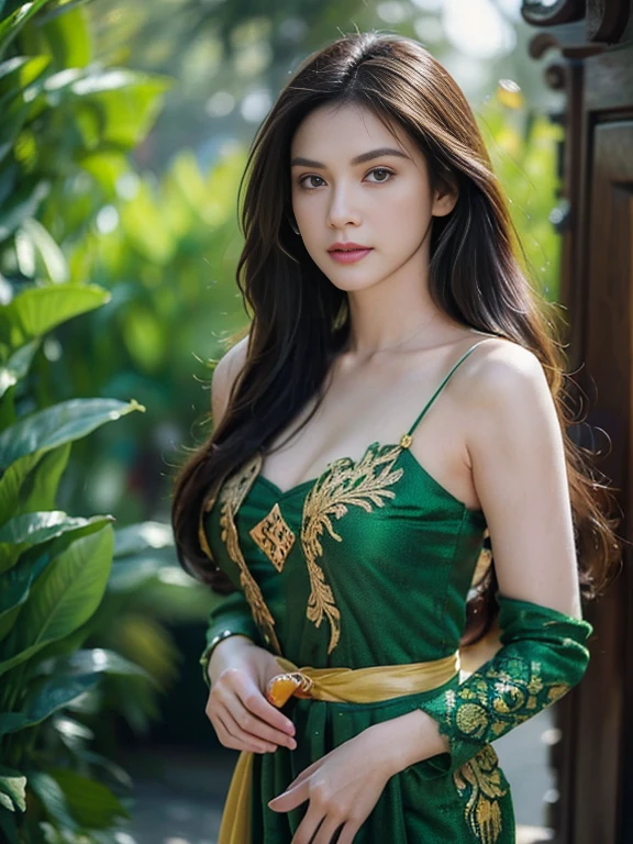  Photorealistic artwork , one person,  Realistic image of a 25-year-old British female model ,  Shoulder-length wavy black hair , ideal physique,  pale skin,  Dressed in a green ornamented kebaya dress with silk fabric and gold jewelry,  serious face,  deep cleavage , Elegant pose, centered, Shot to the waist, from the front photo , crazy details,  Complex face detail , Complex hand details ,  Cinematic Shot & Lighting , realistic colors, masterpiece,  clear focus , super detailed, Shot on a DSLR camera,  realistic photo ,  depth of field,  Incredibly realistic environment and scene ,  Composition and Cinematography Workshop , Castlevania-style 