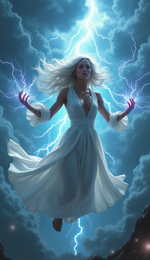 Barefoot Elf suspended in thin white-haired robes and cloaked arms raised over a broken earth Bright lava light from beneath the asteroid field (rocas dentadas, rocas y escombros disparados al aire: 1.3) (Tormenta de escombros de polvo ventoso: 1.1) volumetric fog mist ray tracing z pass bright light from below, (Obra maestra) (mejor calidad) (detallado) (8K) (cinematography lighting) (foco nítido) (intrincado)