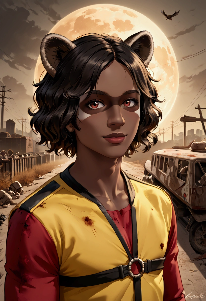 (8k, 4k, intricate),(halfbody-shot:1), (highly detailed:1.2),(detailed background:1.2),((dark skin, beatiful face,plump lips, smiling)), ((raccoon ears, tanuki tail))((post-apocalyptic aesthetic, post-apocalyptic clothing, walking dead aesthetic))) (Best quality, 4k, Masterpiece :1.3), ultra-detailed face, detailed lips, detailed blue eyes, double eyelid masterpiece, best quality, ultra highres, detailed illustration, portrait, detailed anime drawing anime image of a young man with a raccoon ears and a yellow shirt, tanuki-like black rings around his eyes, raccoon tail, raccoon kemonomini with dark brown skin. He has very big raccoon ears, he wears a red shirt with gears logo, black biker jwcket with spiked shoulder paddings, wavy hair, black hair with ruby red streaks, smiling