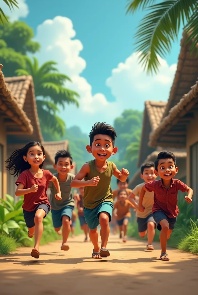 A small village boy play with children