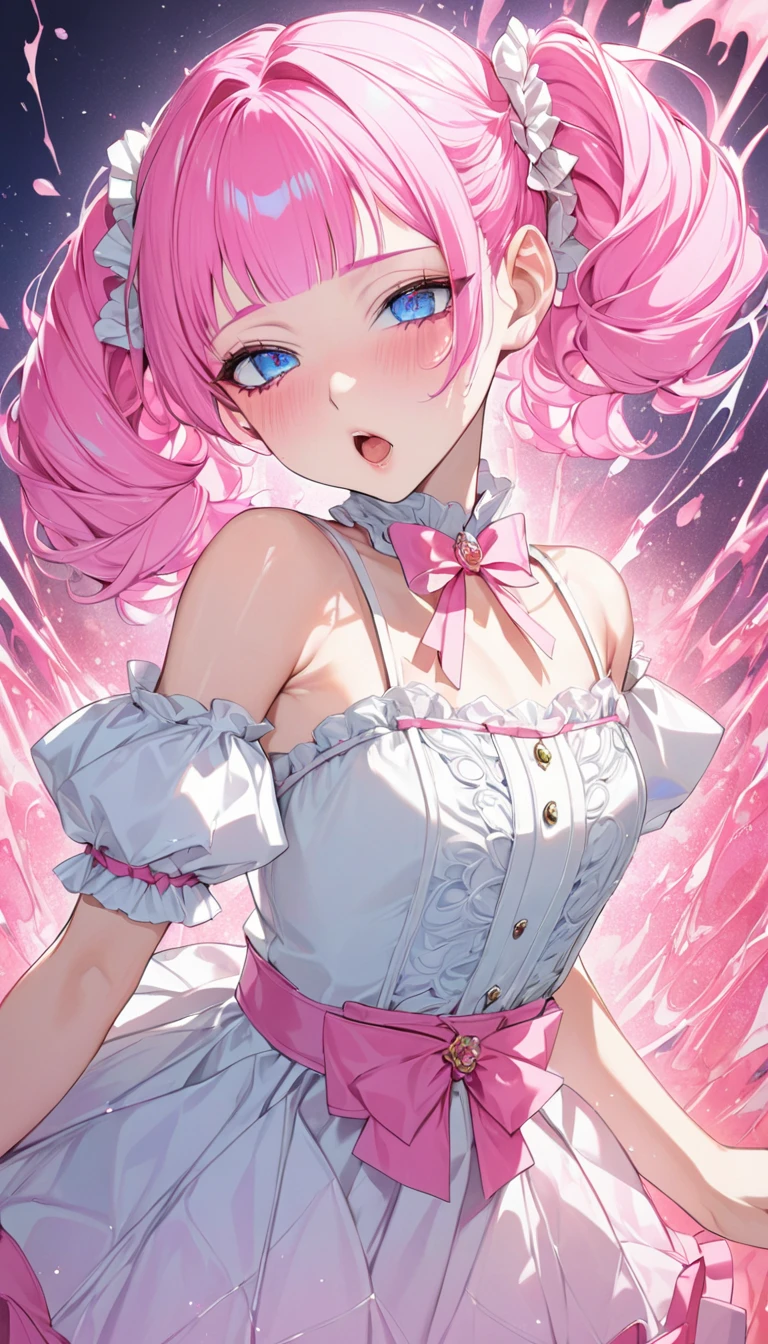 A cream puff bear with no cream in the middle, but with her head covered in pale pink icing, along with a white drizzle. She wears a raspberry bow with a dollop of cream at the middle. She has an excited expression with a tilted, wide opened mouth. SPARKLE; GLITTER