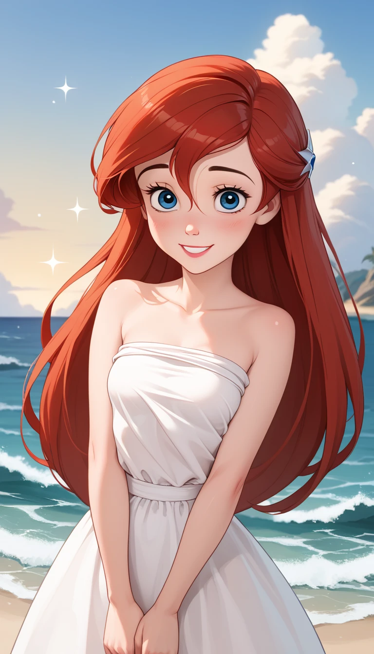 score_9, score_8_up, score_7_up, DisneyAriel, 1girl, red hair, blue eyes, long hair, looking at viewer, on a white strapless off the shoulders ruffle maxi dress, standing on the beach, waves gently lapping at the shore, night skies with blue and purple hues with sparkling stars, relaxed and contemplative atmosphere, upper body, smile, both hands down
