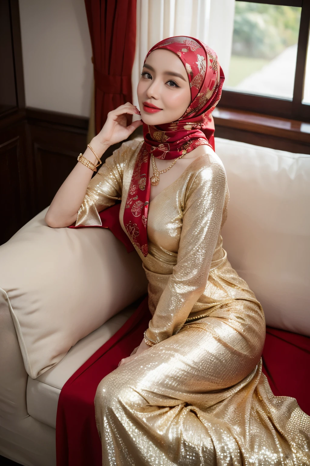 8k, solo, lady in hijab, supermodel, wearing a malay traditional kurung dress, at home, C cup, pale skin, blushing, red lipstick, wearing a gold bracelet and necklace