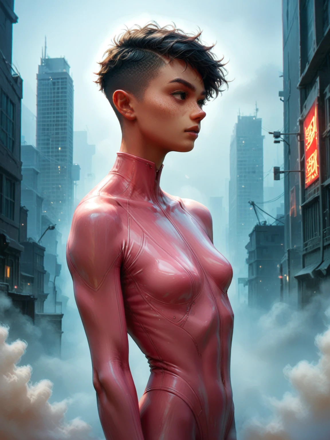 (inked original-art:1.2), (lineart:1.33), detailed face, best quality, masterwork, thick outlines, comic, 1girl, superhero, very short hair, black hair, tan skin, cowboy shot, fog, city, pink bodysuit, tomboy, pixie cut, solo, petite, small breasts, superhero,