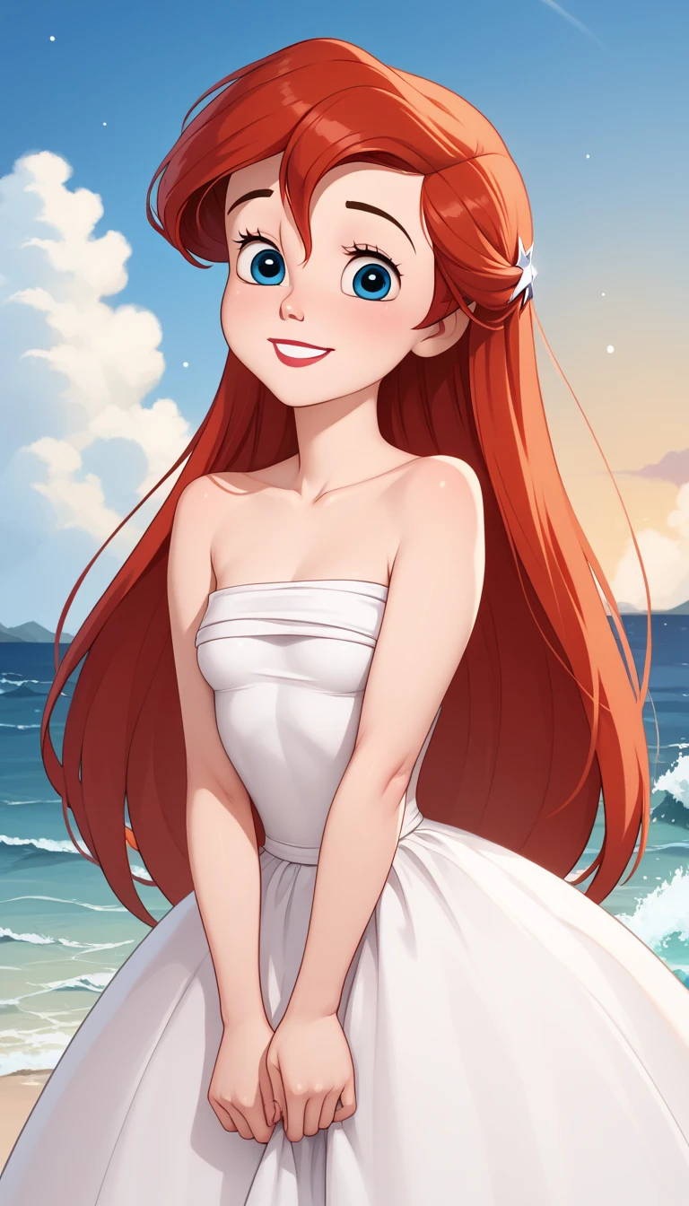 score_9, score_8_up, score_7_up, DisneyAriel, 1girl, red hair, blue eyes, long hair, looking at viewer, on a white strapless off the shoulders ruffle maxi dress, standing on the beach, waves gently lapping at the shore, night skies with blue and purple hues with sparkling stars, relaxed and contemplative atmosphere, upper body, smile, both hands down
