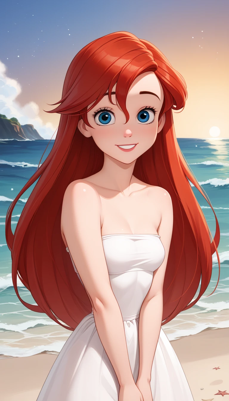 score_9, score_8_up, score_7_up, DisneyAriel, 1girl, red hair, blue eyes, long hair, looking at viewer, on a white strapless off the shoulders ruffle maxi dress, standing on the beach, waves gently lapping at the shore, night skies with blue and purple hues with sparkling stars, relaxed and contemplative atmosphere, upper body, smile, both hands down
