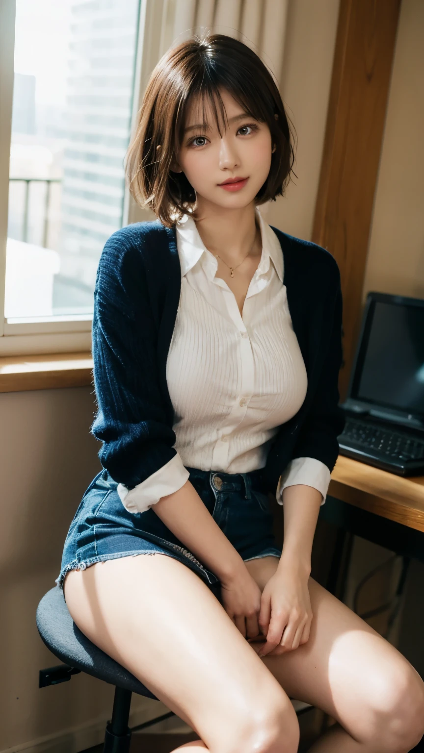 Top Quality, Photorealistic, 8K, High Definition, 1 Girl, Female, (1.8), School, Schoolgirl, Blazer, Uniform, Pubic hair visible, No panties, Skirt boldly pulled up, ((Sit in chair and legs wide open)), Bend your knees and open your legs, Slightly shorter hairstyle, Grab your knees with your hands to open your legs, Buttoned shirt flutters