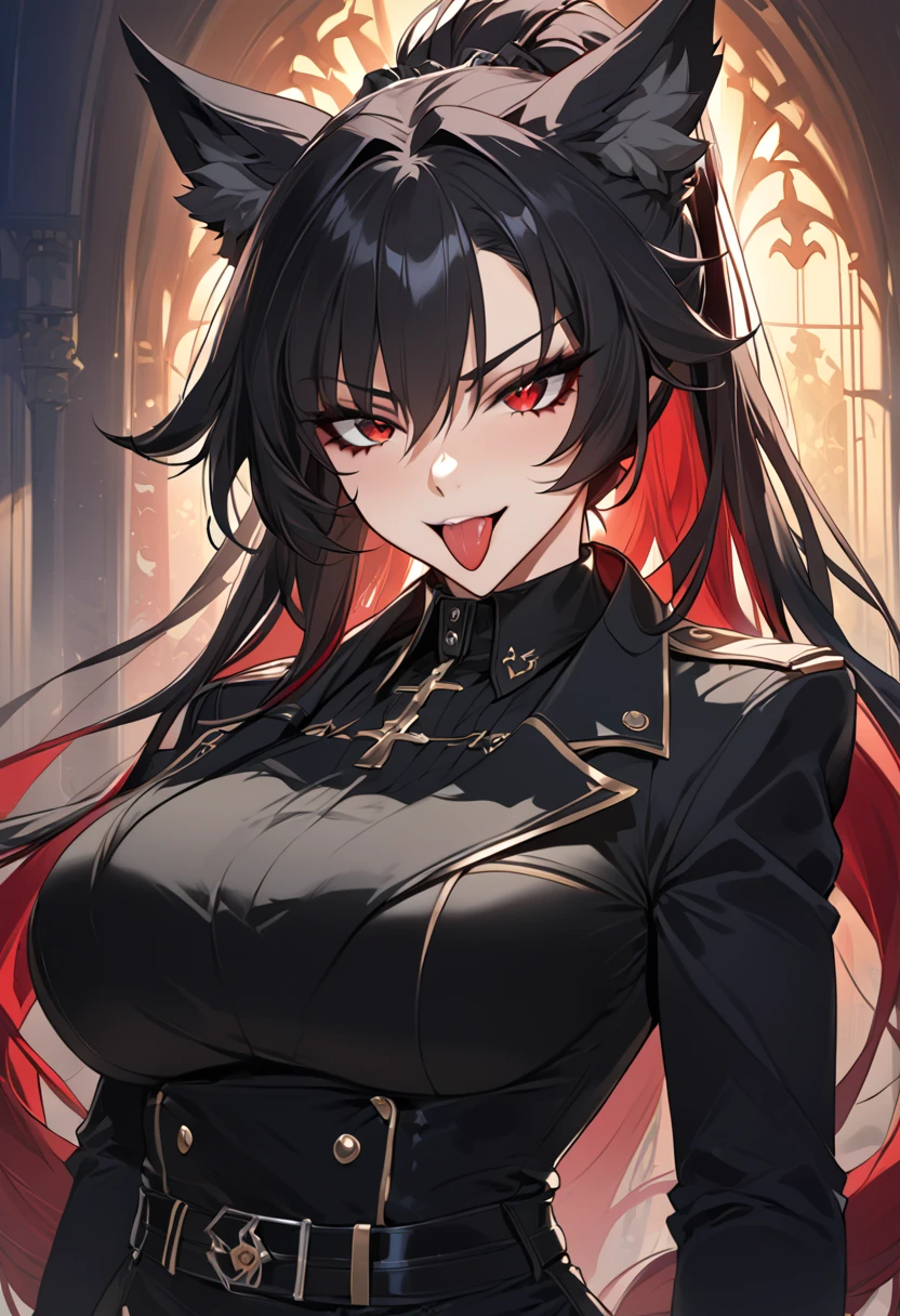 beautiful anime woman wearing a black military trench coat, tight black jeans pants, wolf ears, wolf tail, half wolf and half human, red eye color, black hair in a ponytail, light novel art, detailed anime art, anime, regal, royal, sexy, thicc, beautiful feminine facial features, flirtatious, sultry, slutty, petite, sharp canines, aheago, villain, all black clothing, high quality, very detailed anime art, feminine, slender face, military general vibes, pretty girl, good lighting, close up shot of face, red highlights, lewd smile, cute, naughty wolf girl, cross eyed sticking her tongue out like a slut, naughty and silly lewd expression, very horny wolf girl, bad bitch, naughty slut, bad girl 