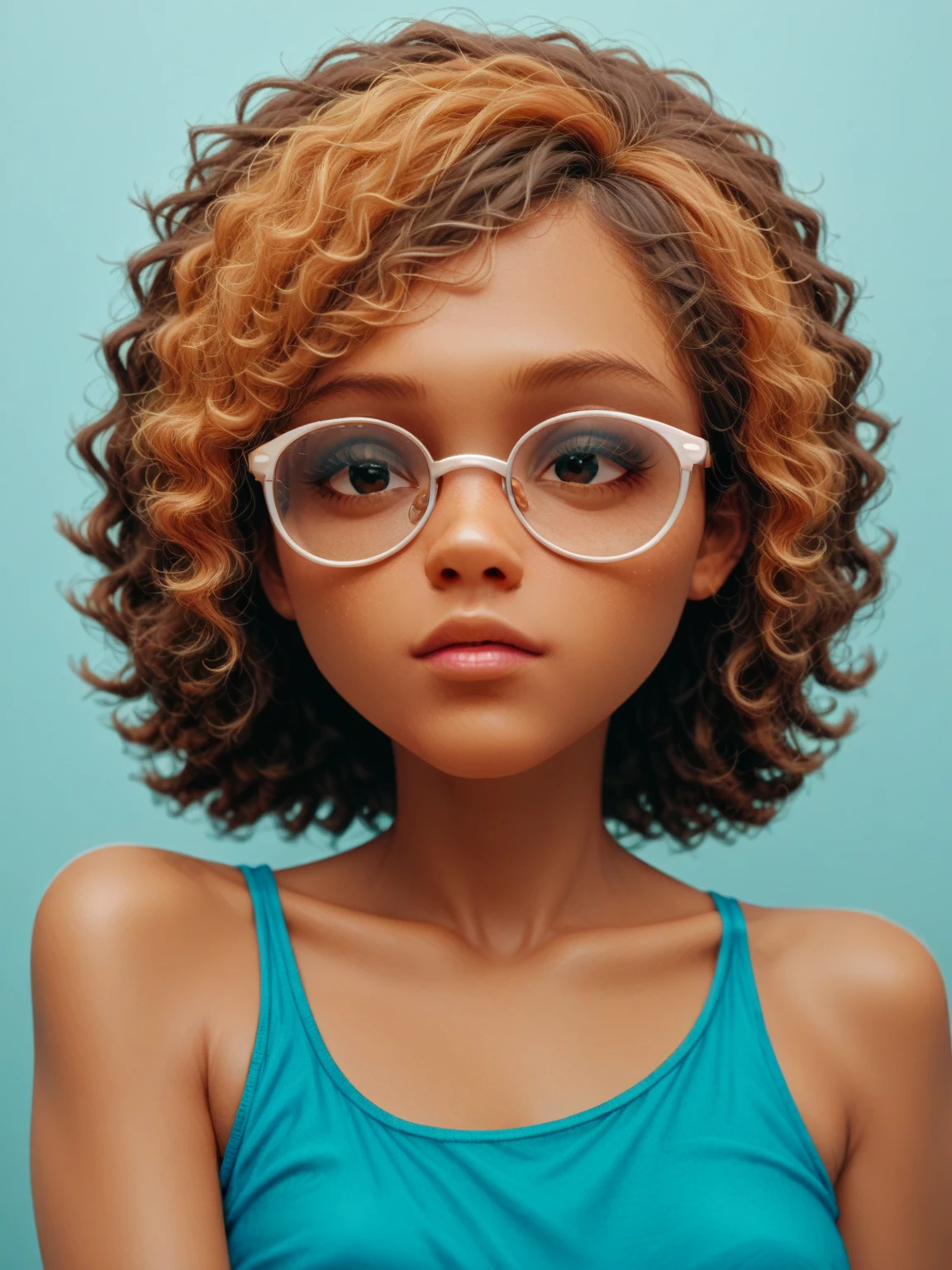 I need you to generate an illustration of the following characteristics of a brown-haired woman, short with a well-formed body, with glasses, dark-skinned and curly-haired, teenager in the style of Gravity Falls animation
