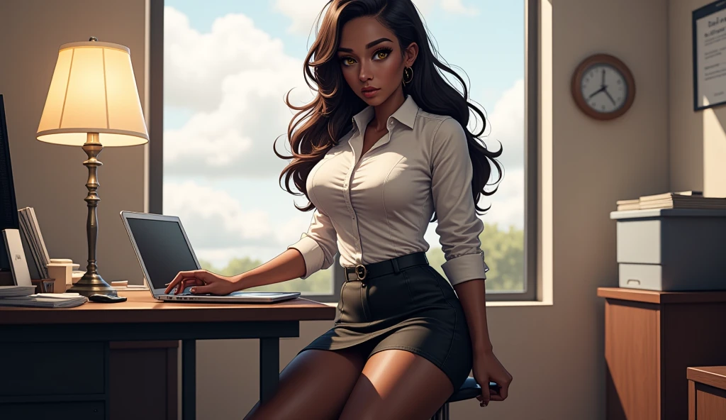 Create a 3D illustration that represents a woman who works in a office, with the following elements: The character is a woman with long, dark hair, styled in a ponytail . She is dressed in a wet shirt and no pants, conveying an image of hotness and professionalism. In her right hand, she holds her pants, showing sexy and connectivity with her work. The character must be in pleasure and trustworthy way, with an expressive look that conveys sexy and efficiency. The character must be leaning on a office chair. The illustration design must follow the visual patterns characteristic of PIXAR cartoons, with smooth lines, realistic textures and lighting that enhances the details of the scene.