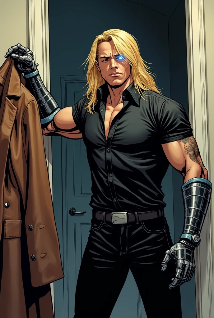 1boy, solo, long hair, spiked hair, muscular, blonde hair, standing, kitsune-mask, covered face, outdoors, alley, night, dark shadows, moody lighting, leather pants, leather jacket, black boots, necklace, shirt, <lora:KitsuneMask_Prodigy_v2:0.8>