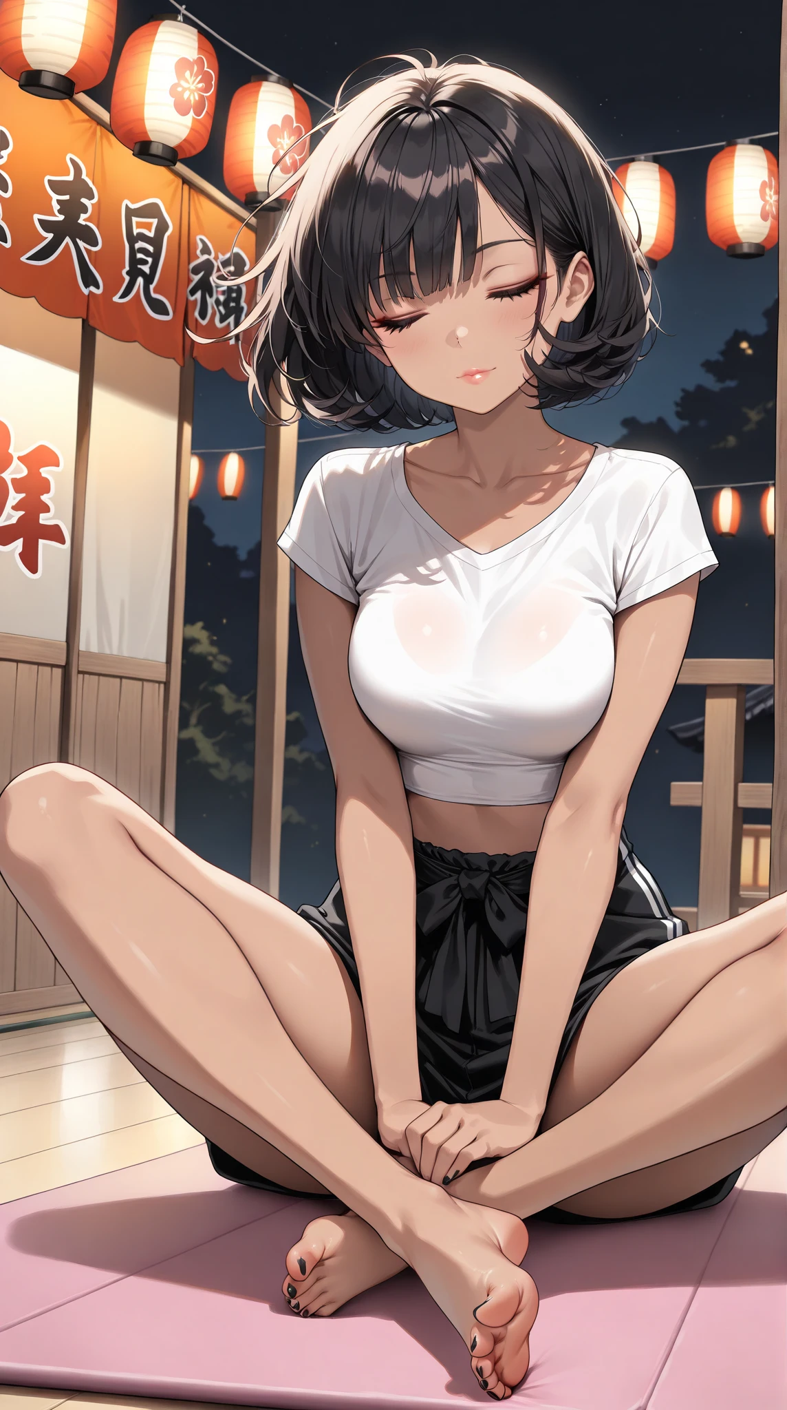 8k, (masterpiece), best quality, perfect face,perfect body, 1 woman, 1female, solo,detailed skin, tan skin, 1girl, solo, black hair, bangs,casual shirt, sitting cross-legged on a yoga mat in a modern living room, meditating, curvy, brown eyes, closed eyes, black hair, bob cut, curly hair, messy hair, side bangs, medium breasts, closed eyes, dark-skinned female, dark skin,  badass, beautiful face, black eyeliner, lips, (bare-foot), black toes nailed, dynamic angle ,, focus feet, toes nailed, view on feet, , long eyelashes, folded hands, wears a crop top and kimono, bare legs, collarbone, flying hair, sitting, (highest quality:1.2, Very detailed, Latest, Vibrant, Ultra-high resolution, High Contrast, masterpiece:1.2, highest quality, Best aesthetics), sexy, night, summer festival, sit