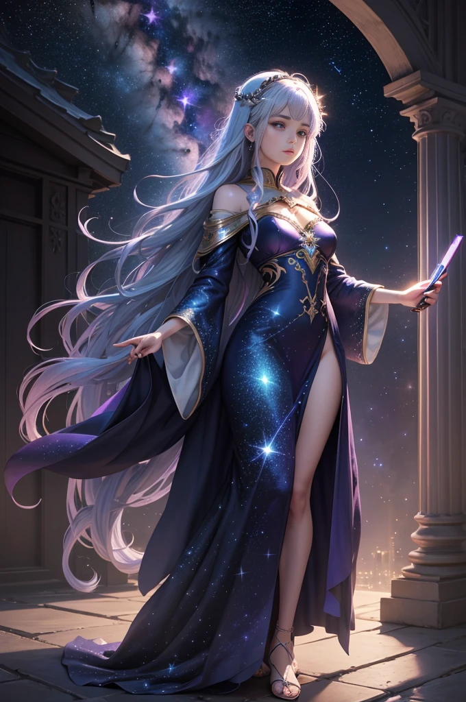 4K anime style quality, digital drawing mode, a celestial female poet with long flowing midnight blue hair speckled with silver stars, violet eyes, wearing a floor-length shimmering robe that mimics a starlit galaxy, standing under an open sky terrace with a telescope nearby, serene and inspired expression, full body, ethereal pose with her hands holding a glowing quill and notebook, soft moonlight lighting, perfect anatomy, intricate starry details on her gown, full HD, 4K, HDR, depth of field