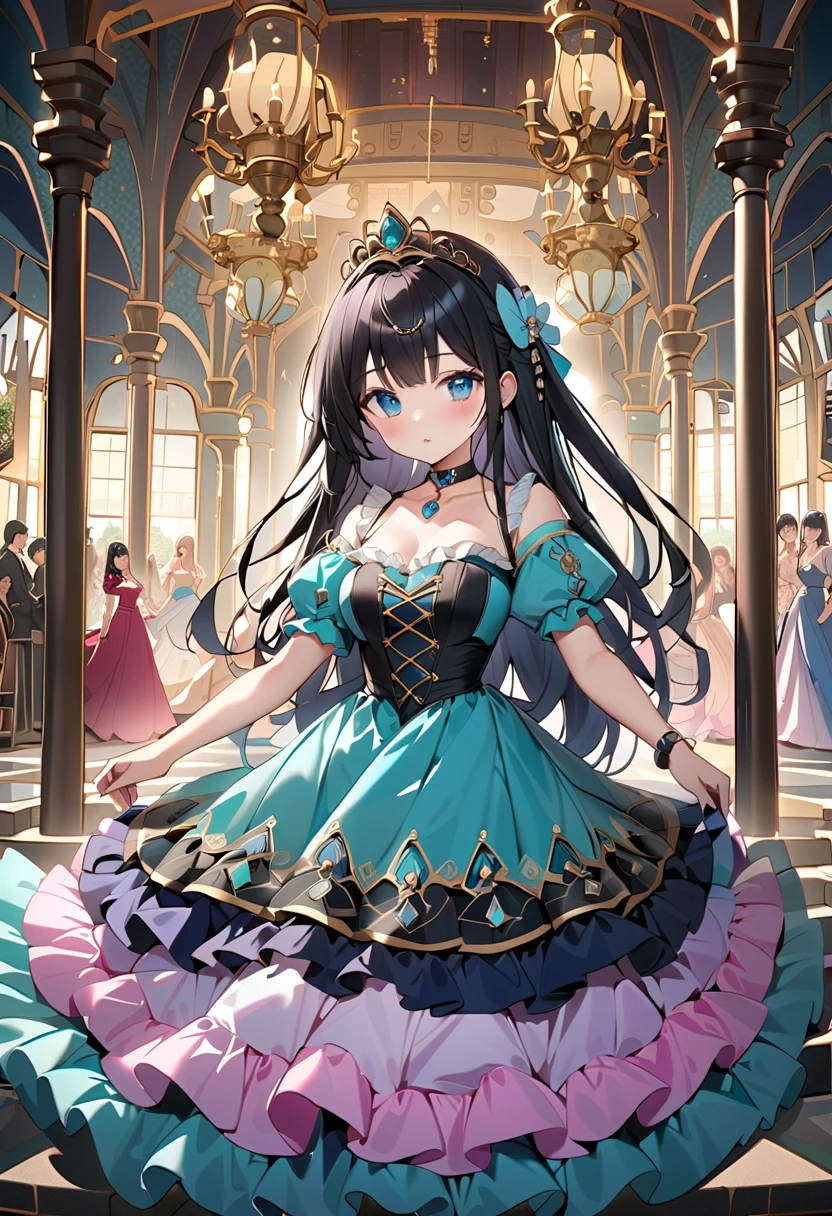  best quality、High image quality、最High image quality、４ｋ、８ｋ、Furukawa Yui、 Teal Eyelids、 black hair、 long hair、 princess dress 、Choker with brooch、Empty chest、Puff Shoulder、 Long Skirt、 Long Grove 、 tiara 、Hourglass-like body shape、 stockings、 stiletto heels 、