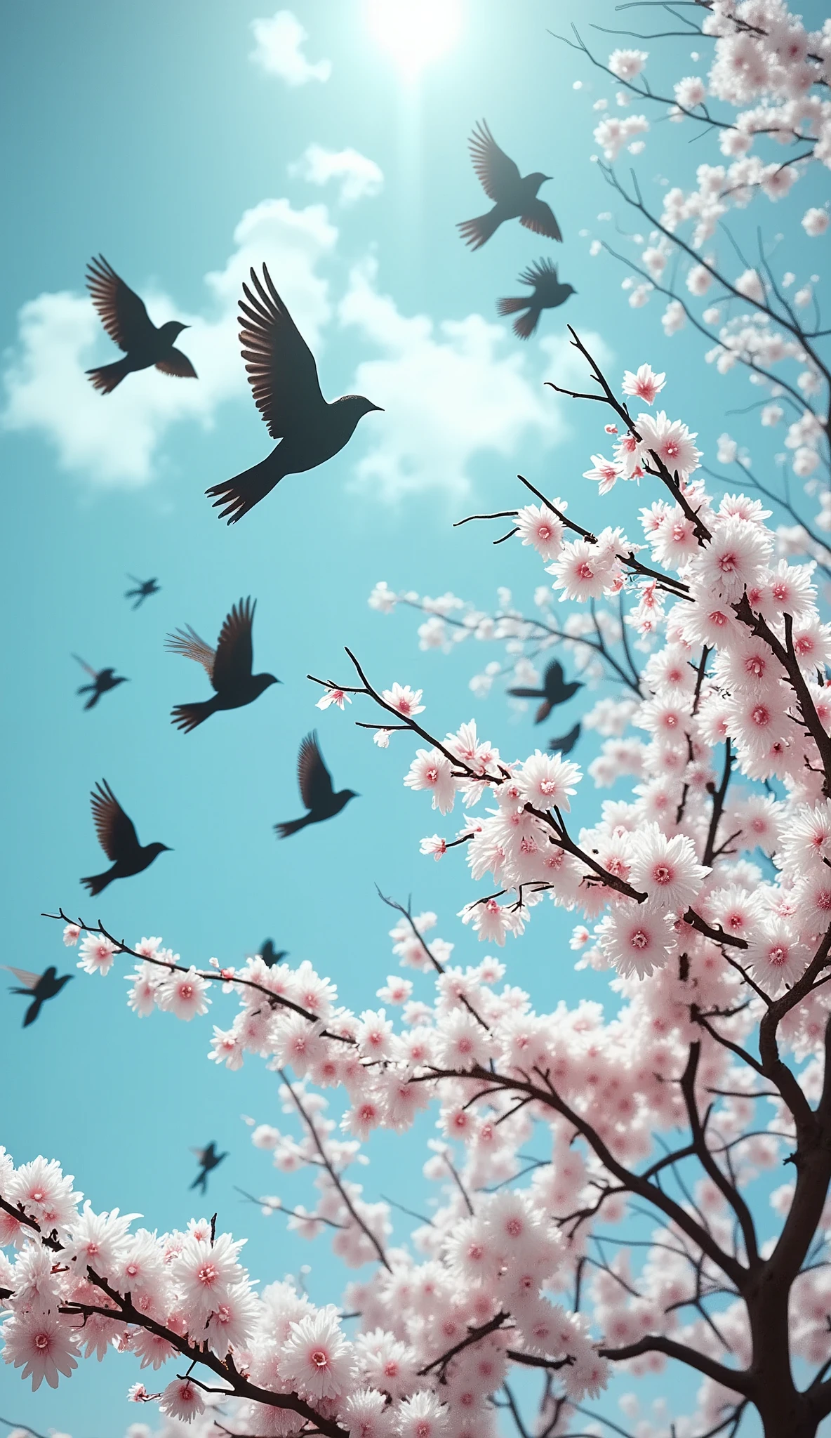 A flock of flying birds emerging from a cherry tree, silhouette of the tree and birds in black wide shot:1.3, pink cherry blossoms, cyan background with white clouds, minimalist, beautiful, highly detailed, intricate, cinematic lighting, photorealistic, masterpiece, award winning, 8k, vibrant colors, dynamic composition