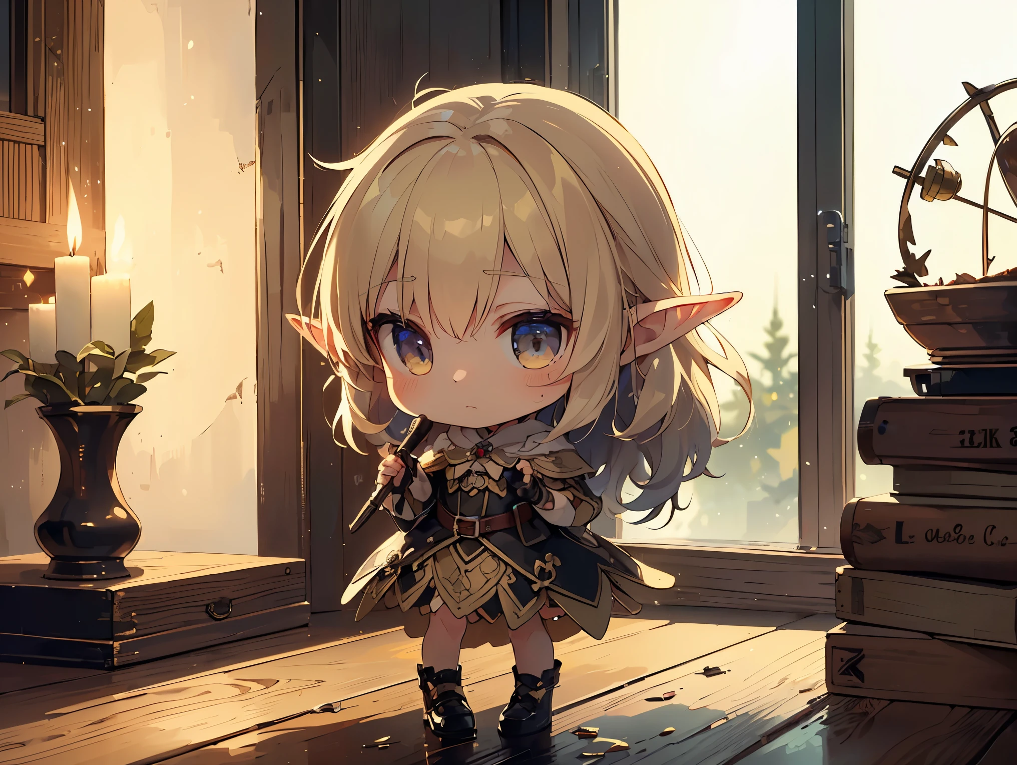 (((Best quality, 8k, Masterpiece: 1.3)), ((best quality)), ((masterpiece)), (detailed), perfect face, perfect body, (detailed skin:1.3), (intricate details), A tiny elf with a height of 10 cm, delicate translucent wings, and a kind demeanor, repairing a leather shoe in a cozy nighttime setting. The elf works under the soft glow of moonlight streaming through a window. Surrounding the elf are tiny tools such as a needle, thread, and a small hammer, with scattered pieces of leather and shiny shoe polish. The environment is warm and rustic, with wooden floors, a candle casting a gentle glow, and the stars twinkling in the night sky outside. The scene captures the magical, serene atmosphere of the elf's secret craft.