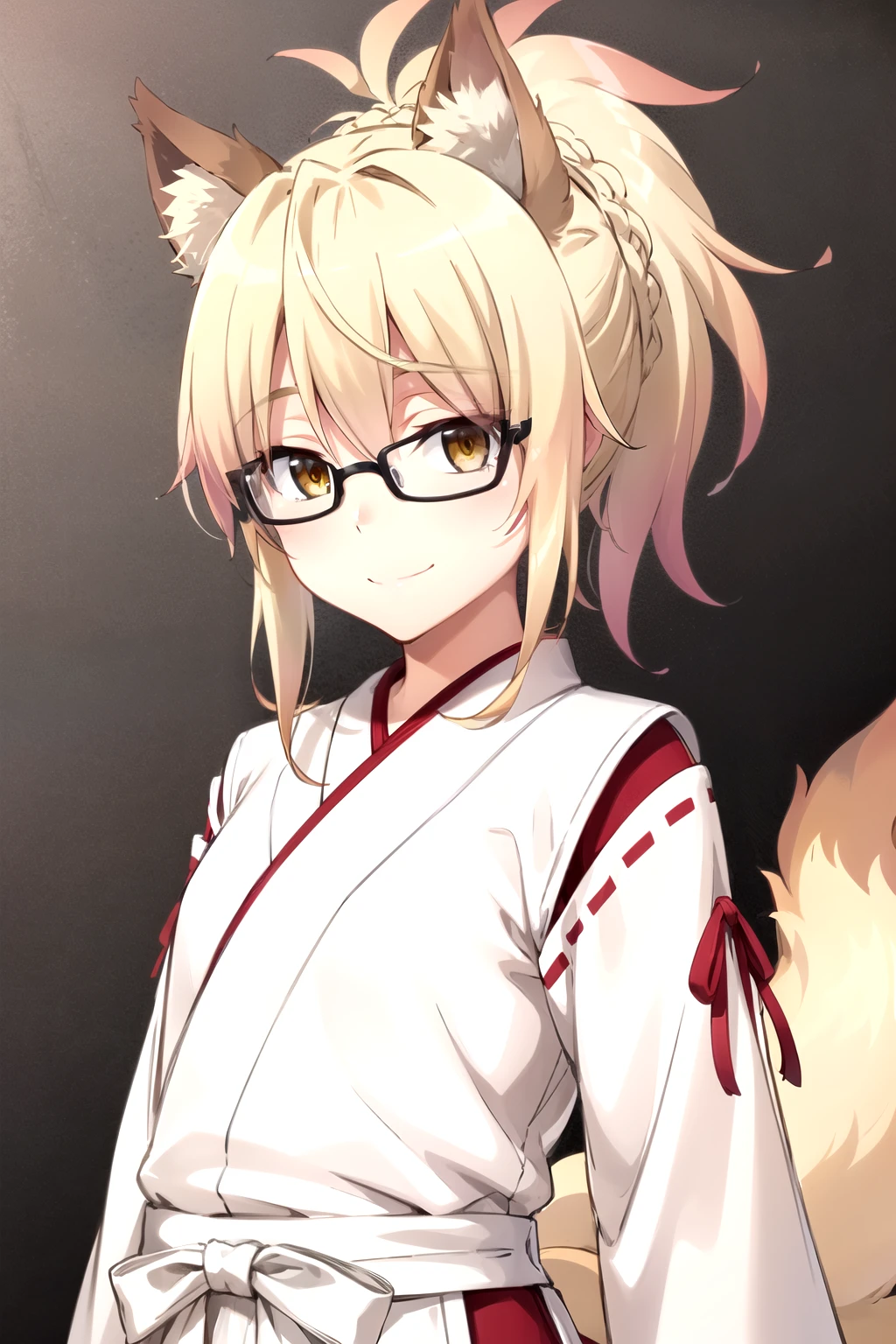  masterpiece ,  The best quality , 1 girl, feel, blonde hair,  short hair, collect,  yellow eyes,  Fox ears ,  Japanese clothing , red as well, Monkey, looking at the spectator,  upper body, smile, Alone, ( simple background , solid gray background ) sarifi , smile, string, neck, ( masterpiece ,  better quality , Detailed:1.3)  A kitsume with dark orange, voluminous hair in a ponytail that reaches her lower back, bright orange eyes, dark, thick tail with a white tip ,  wearing a maid's costume and glasses like a librarian  