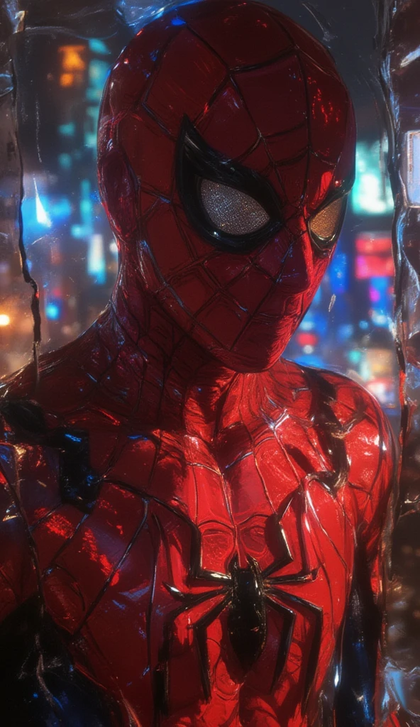 Spider Man, looks at himself in a broken mirror, fun ambience, wallpaper portraits, dramatic light, highly detailed, packed with hidden details, colorful realism, realistic attention to detail, hyper-realistic, UHD, oil painting, a detailed painting, ink artistic conception, real paint texture, depth of field, dramatic lighting, Realistic, masterpiece, 8k, Cinematic Composition, Dramatic Shadows, Intricate and elaborate pattern, 30 megapixel, chiaroscuro lighting, deep contrast, realistic anime style, A fusion of the styles of Katsuya Terada, Range Murata, Akiman and JUNNY