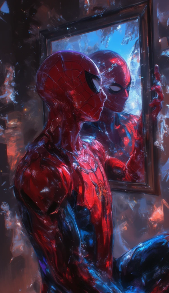 Spider Man, looks at himself in a broken mirror, fun ambience, wallpaper portraits, dramatic light, highly detailed, packed with hidden details, colorful realism, realistic attention to detail, hyper-realistic, UHD, oil painting, a detailed painting, ink artistic conception, real paint texture, depth of field, dramatic lighting, Realistic, masterpiece, 8k, Cinematic Composition, Dramatic Shadows, Intricate and elaborate pattern, 30 megapixel, chiaroscuro lighting, deep contrast, realistic anime style, A fusion of the styles of Katsuya Terada, Range Murata, Akiman and JUNNY