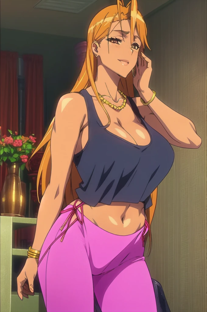 Rei miyamoto,tall body, tall, long legs, mature female, mature, adult, eft_hotd_orange, 1girl, solo, orange hair, brown eyes,Big breasts, enormous large breasts, big cleavage, ((loose black tank top with cleavage and open navel)),Thin Lowrise pink pants,Thick lips,Make up,Eyeshadow,Colorless lips,vertical Bar earring,Gold chain necklace,Brown Skin,1girl,Solo,Golden bracelet,curvy figure,Light blush,Plump,smile,Ease up eyebrow,long Wavy hair