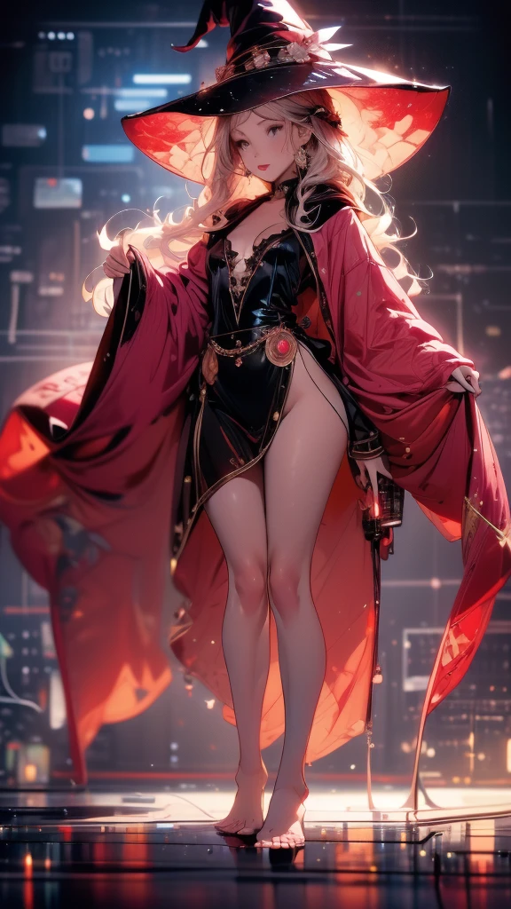 1girll, red pupils,Red long-haired,crisp breasts,Convex buttocks,Bare legged,Black heels,White bandeau dress,Decorated with a gold pattern,He wears a black trench coat,He held a red laser sword in his hand。。,starrysky,kosmos,Detailed background,Clothing details,perfectly proportioned, Cinematic lighting, filmgrain, Fuji colors, lightand shade contrast, 8K, 巨作, Textured skin, Super detail, high detal, high qulity, A high resolution,