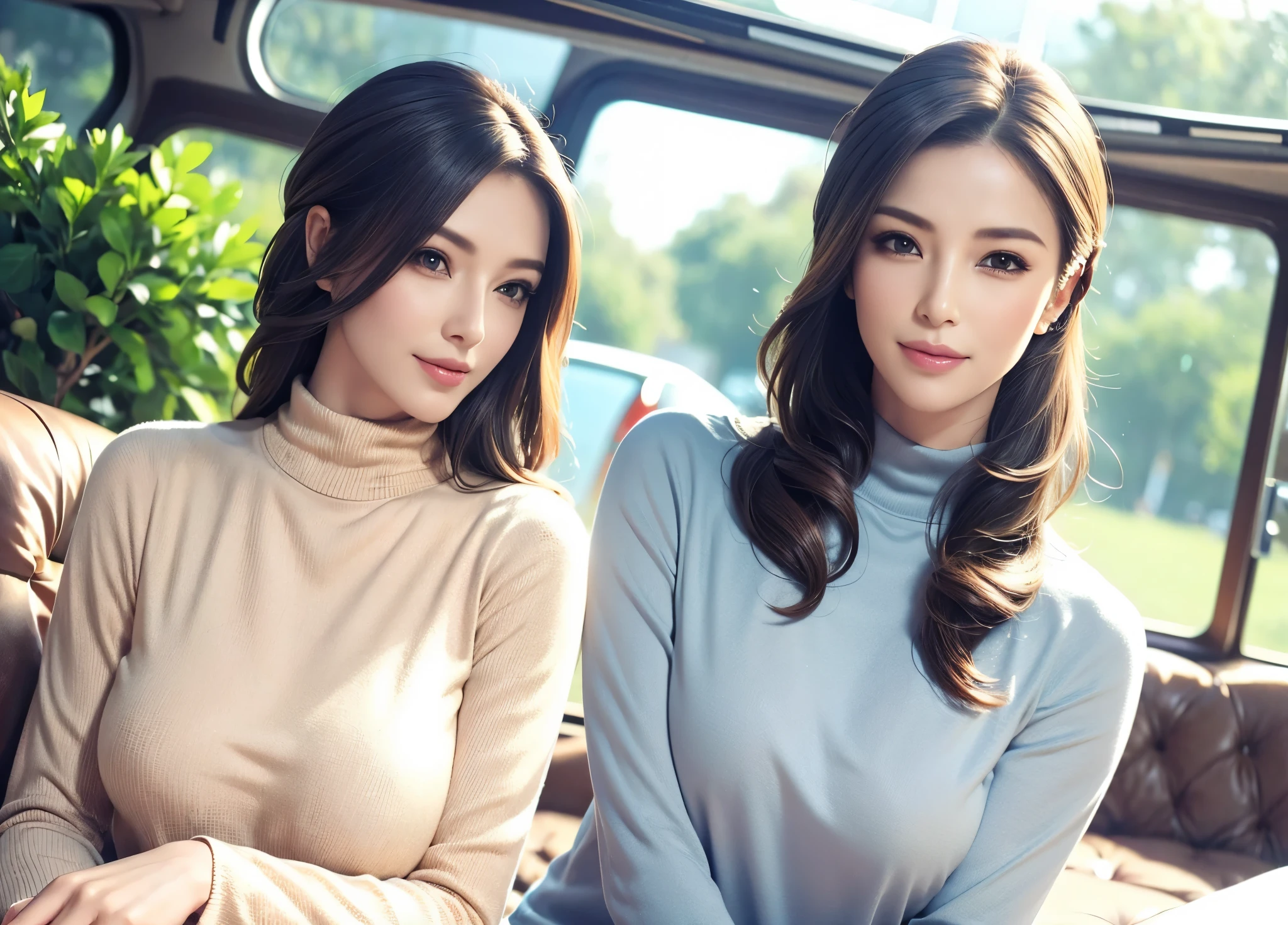 a beautiful young woman in a casual outfit, medium length hair, lady bikers, detailed face, alluring eyes, full lips, large bust, turtle neck t-shirt, leather jacket, outdoor date setting, soft lighting, warm colors, photorealistic, 8k, cinematic, beautiful detailed eyes, beautiful detailed lips, extremely detailed face and eyes, long eyelashes, intricate clothing textures, elegant posing, warm smile, romantic atmosphere