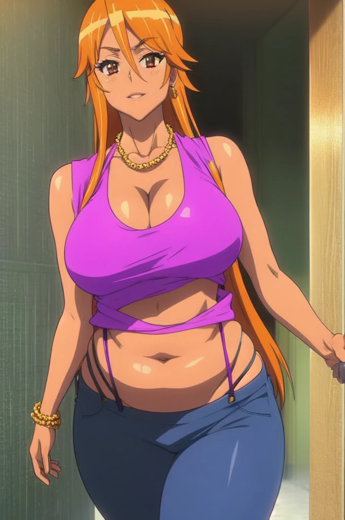 Rei miyamoto,tall body, tall, long legs, mature female, mature, adult, eft_hotd_orange, 1girl, solo, orange hair, brown eyes,Big breasts, enormous large breasts, big cleavage, ((loose black tank top with cleavage and open navel)),Thin Lowrise pink pants,Thick lips,Make up,Eyeshadow,Colorless lips,vertical Bar earring,Gold chain necklace,Brown Skin,1girl,Solo,Golden bracelet,curvy figure,Light blush,Plump,smile,Ease up eyebrow,long Wavy hair