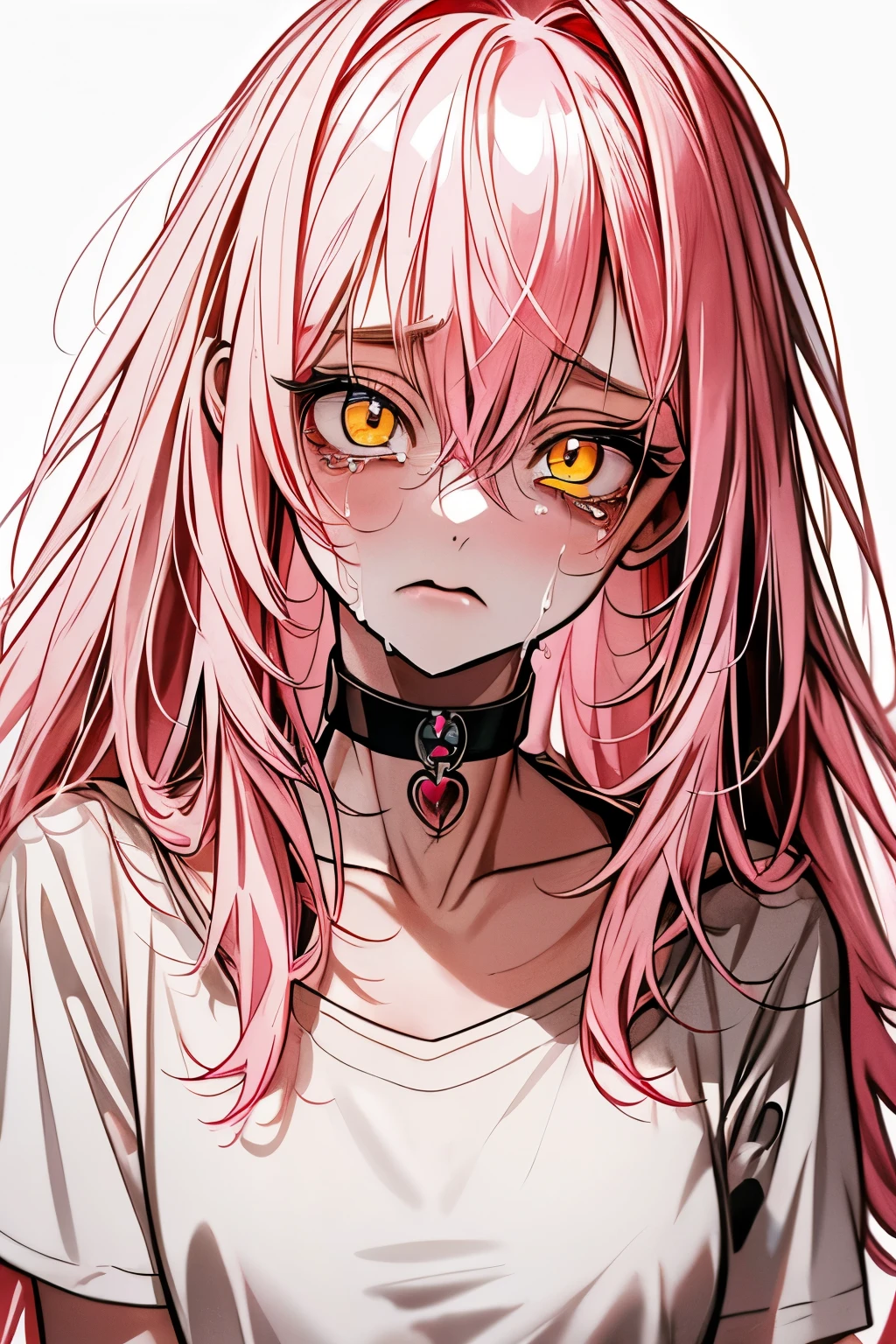   Top quality  , masterpiece,   high resolution, 8k,  girl,   Long Pink Hair  ,  yellow eyes,  white t-shirt ,   white background with nothing, crying face , Black Choker 