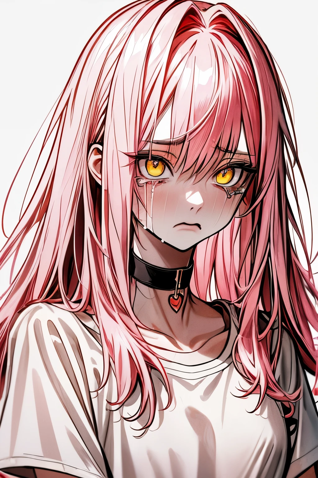   Top quality  , masterpiece,   high resolution, 8k,  girl,   Long Pink Hair  ,  yellow eyes,  white t-shirt ,   white background with nothing, crying face , Black Choker 