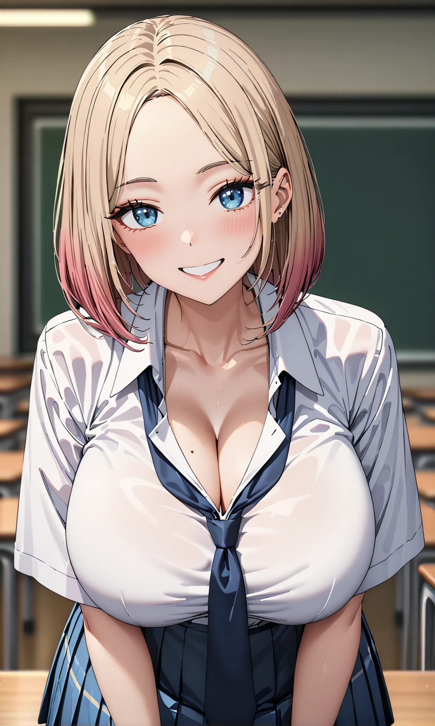 masterpiece, best quality, high quality, detailed, ultra detailed, hyper detailed, exquisite, insanely detailed, beautiful, FHD, Full-HD, 4K, 8k, 16k, highres, absurdres, ((1 woman:1.4, female)), ((big breast)), (thin khaki hair:1.4), (pastel hair), red hair, (short hair:1.2), gradient hair, head tilt, ((bob cut, midium hair:1.2)), ((school uniform, tie)), looking at viewer, ((shoulder-length hair)), (aquamarin eyes, eyes wide open), voluptuous, improve, smile, ((forehead)), cleavage